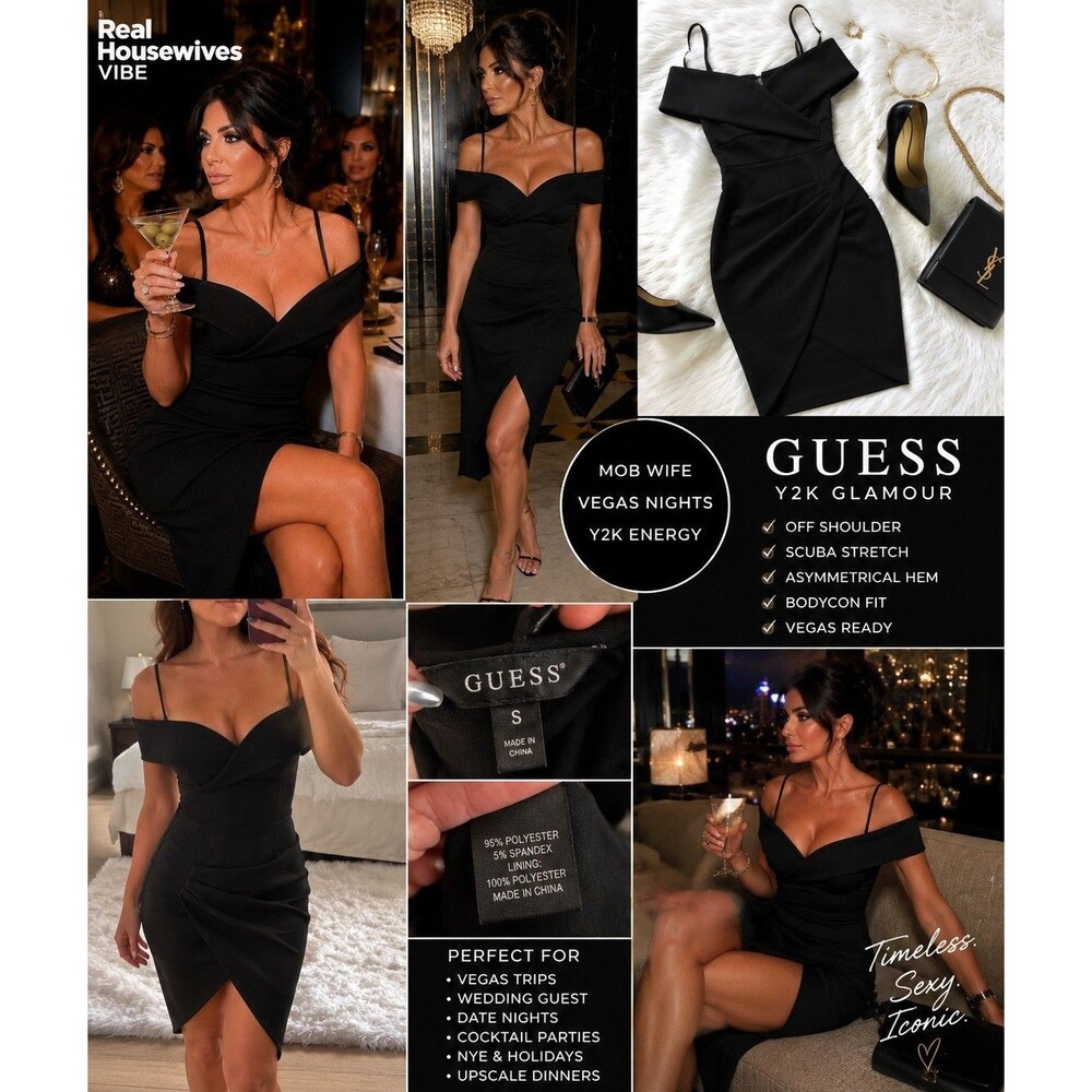 EUC Y2K Guess Off Shoulder Cocktail Dress Vegas Mob Wife LBD Discontinued Party